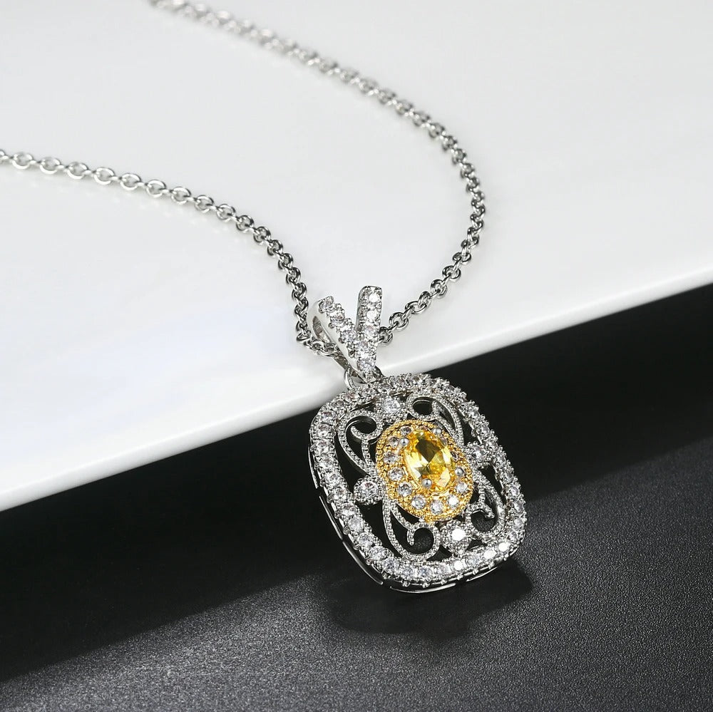 Retro Silver Yellow Gemstone & Crystal Surround Necklace-Mialla Jewelry