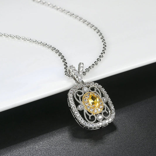 Retro Silver Yellow Gemstone & Crystal Surround Necklace-Mialla Jewelry
