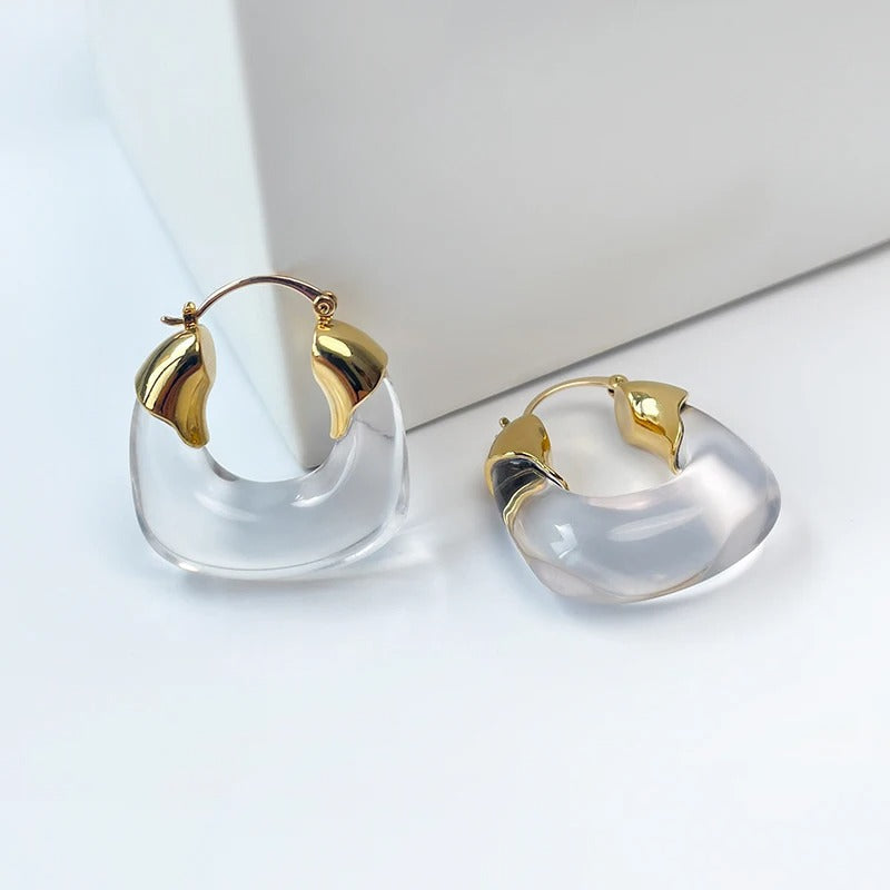 Gold & Clear U-Shaped Hoop Earrings-Mialla Jewelry