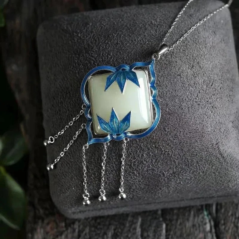 Vintage Silver Blue Floral & White Gem Pendant Necklace-Mialla Jewelry