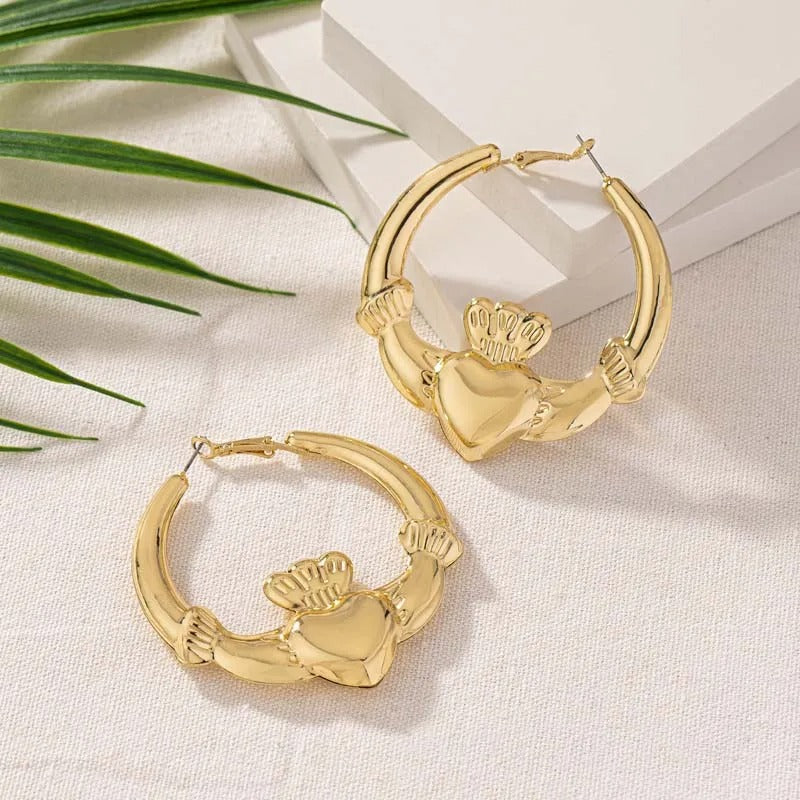 Gold Heart-Shaped Winged Hoop Earrings-Mialla Jewelry