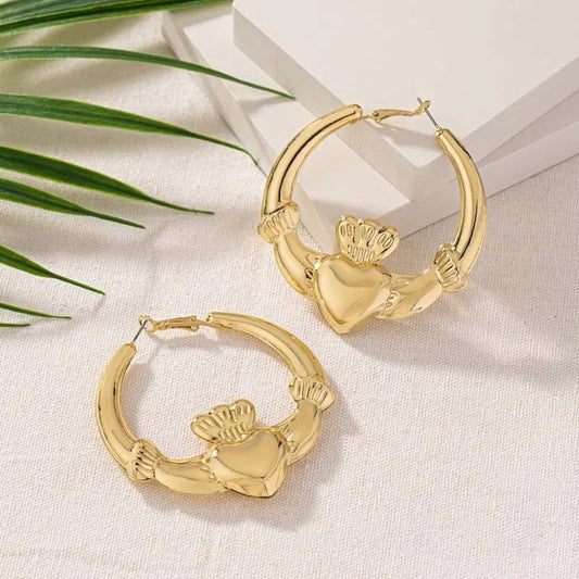 Gold Heart-Shaped Winged Hoop Earrings-Mialla Jewelry