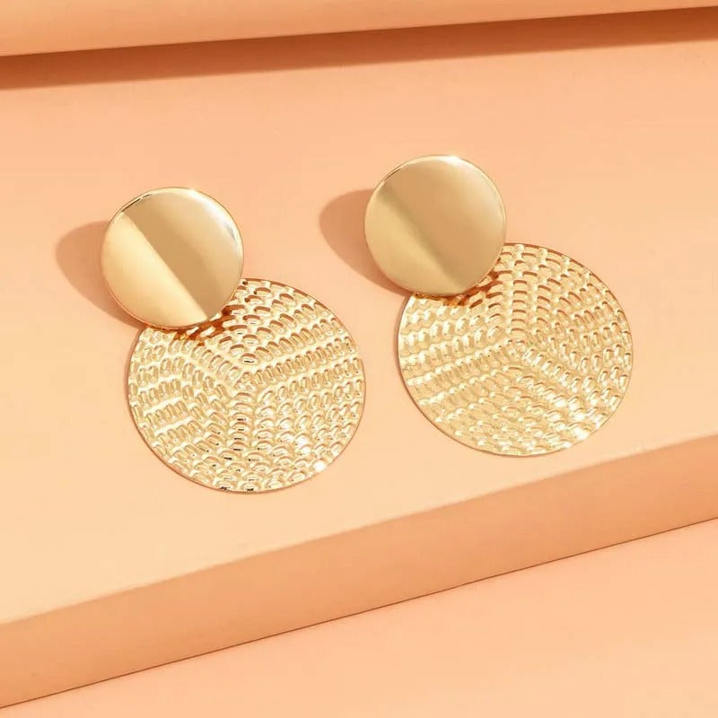 Bohemian Gold Textured Circle Pendant Earrings-Mialla Jewelry