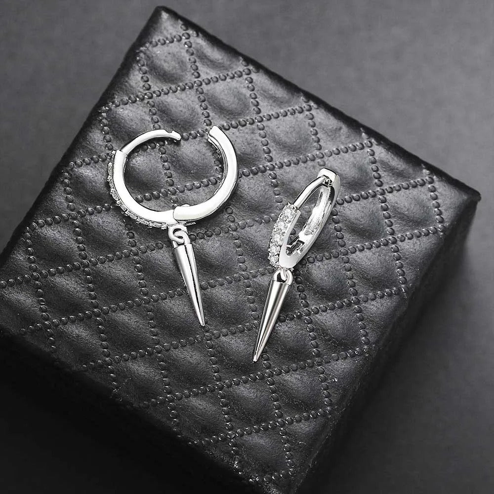 Silver Spiked Drop & Sparkling Crystal Hoop Earrings-Mialla Jewelry