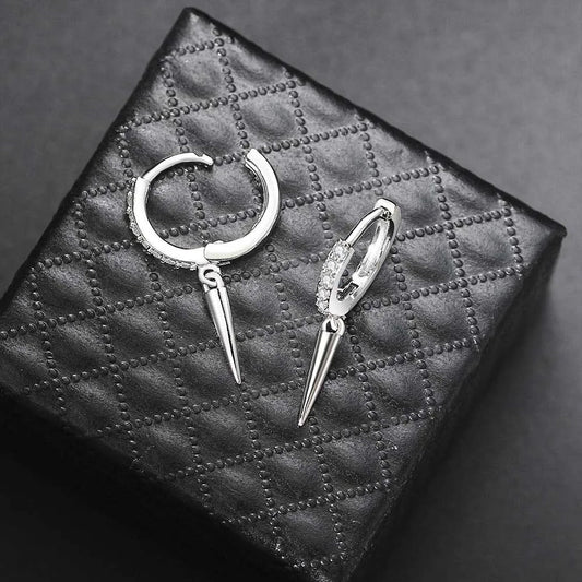 Silver Spiked Drop & Sparkling Crystal Hoop Earrings-Mialla Jewelry