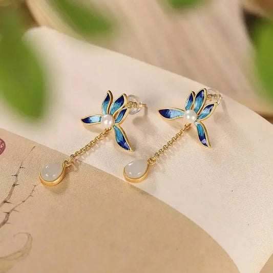 Vintage Gold & Blue Flower Pearl Jade Drop Earrings-Mialla Jewelry