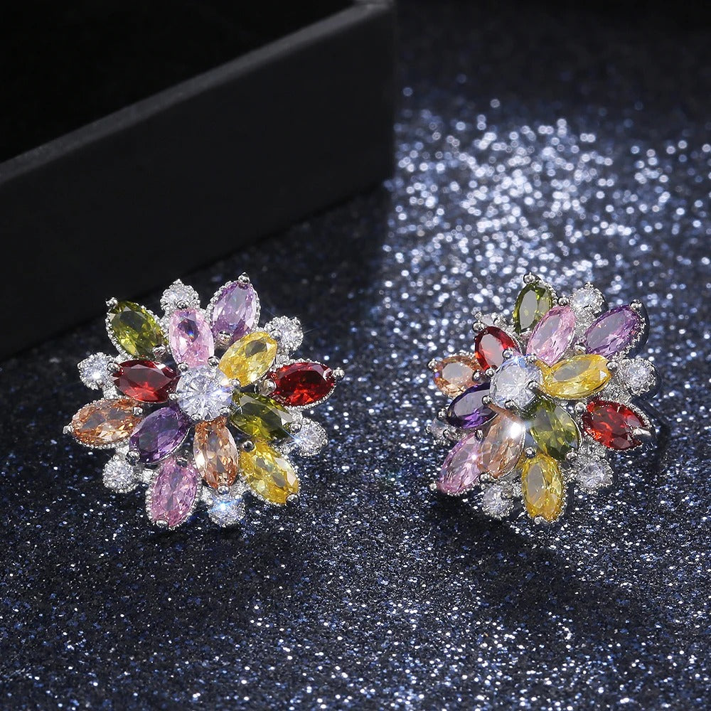 Silver Vintage Multi-Color Flower Earrings-Mialla Jewelry
