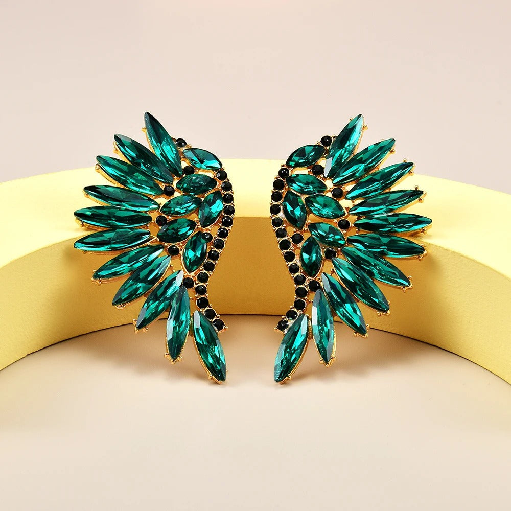 Vintage Gold & Teal Winged Crystal Earrings-Mialla Jewelry