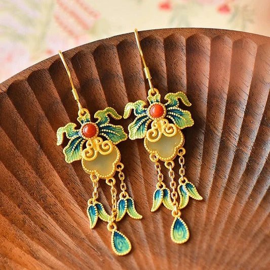Vintage Gold White Jade Enamel Porcelain Tassel Earrings-Mialla Jewelry