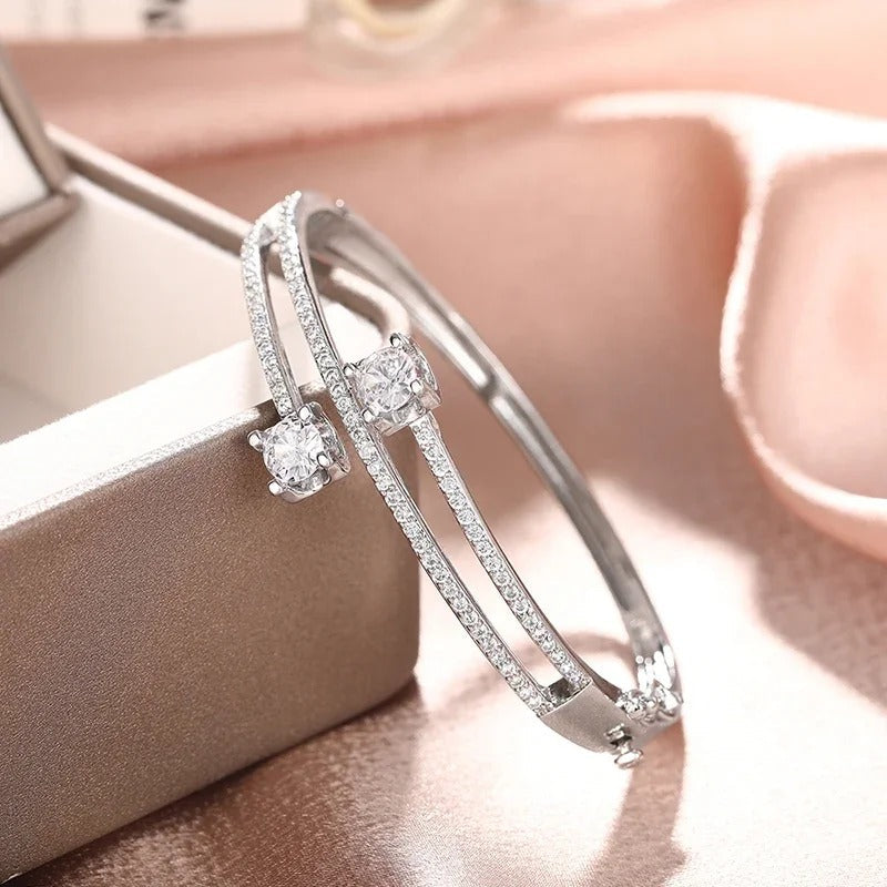 Silver Crystal Double Bar Bracelet-Mialla Jewelry