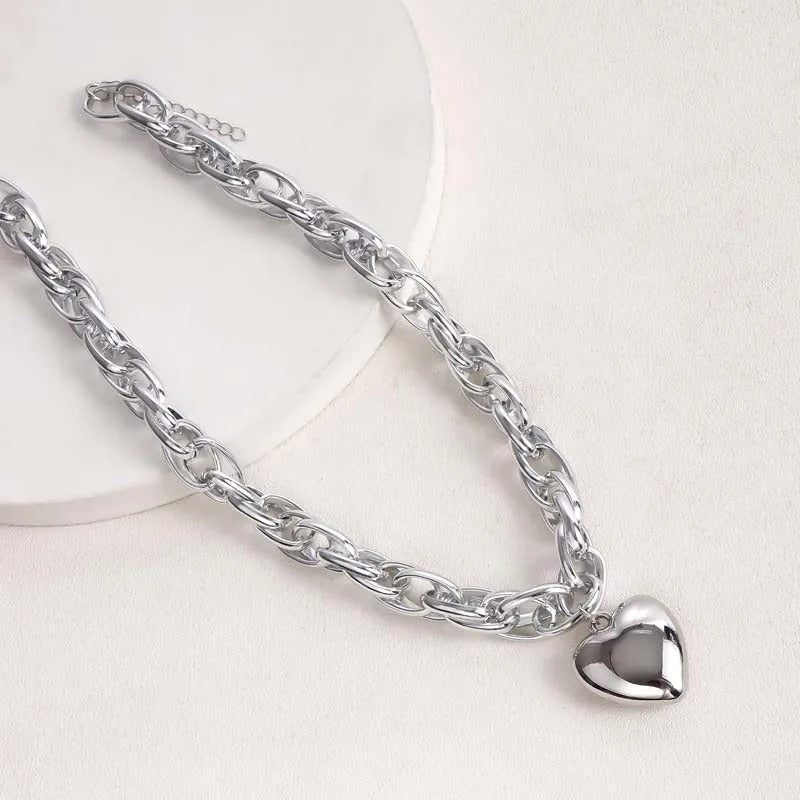 Silver Chunky Chain & Heart Shaped Pendant Necklace-Mialla Jewelry