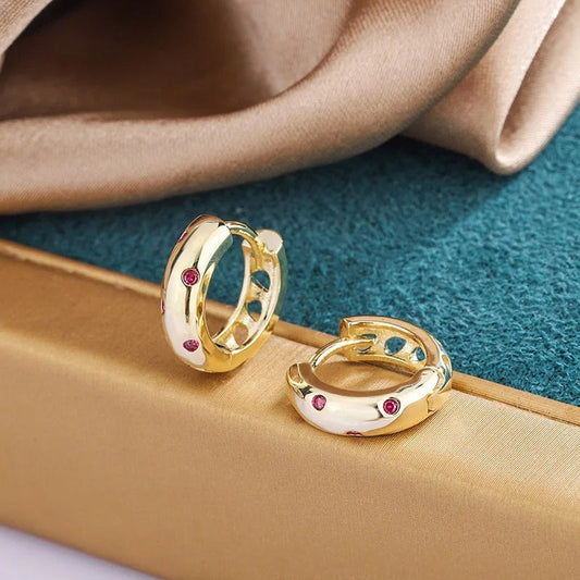 Vintage Gold Red Stone Huggie Earrings-Mialla Jewelry