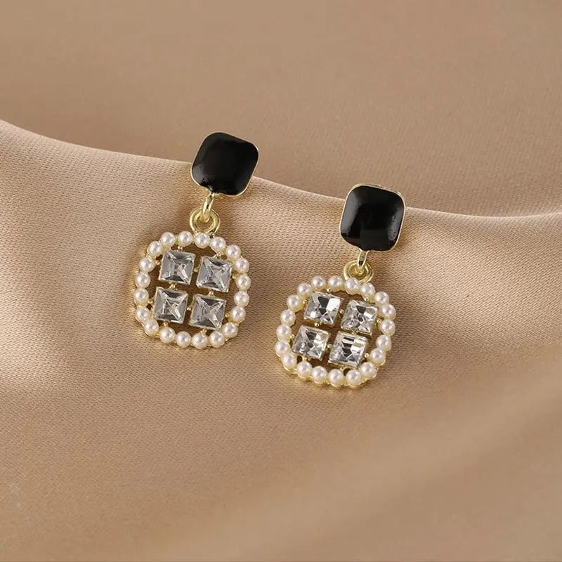 Pearl & Crystal Circle Square Dangle Earrings-Mialla Jewelry