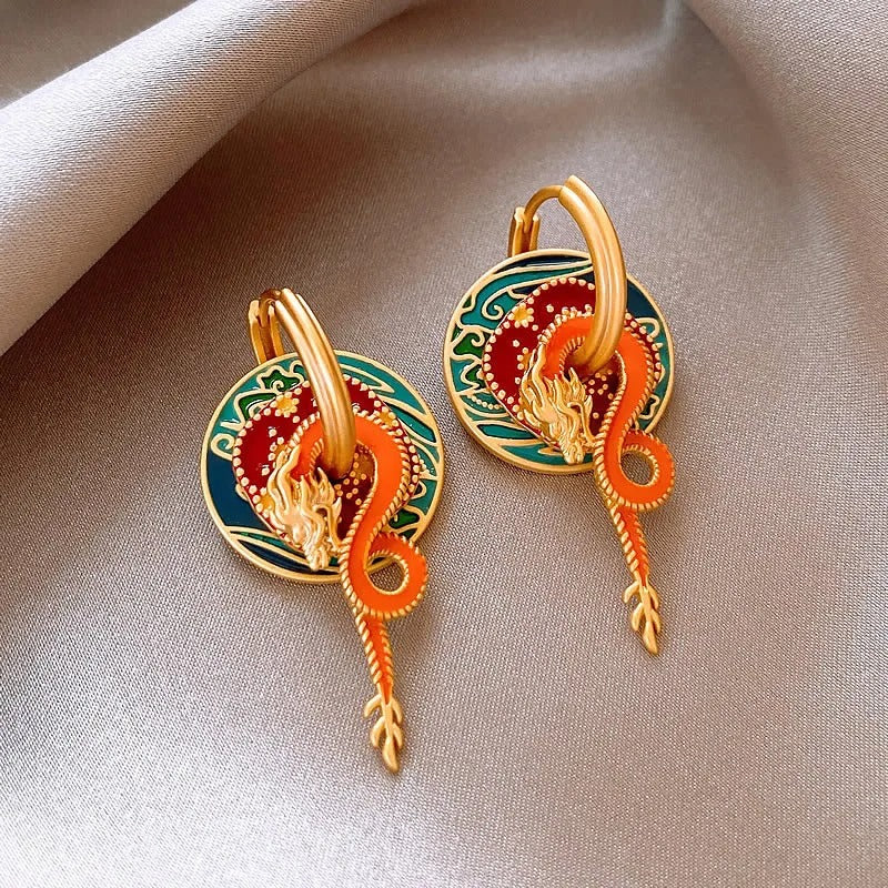 Classic Gold Colorful Dragon & Flame Design Earrings-Mialla Jewelry