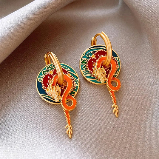Classic Gold Colorful Dragon & Flame Design Earrings-Mialla Jewelry
