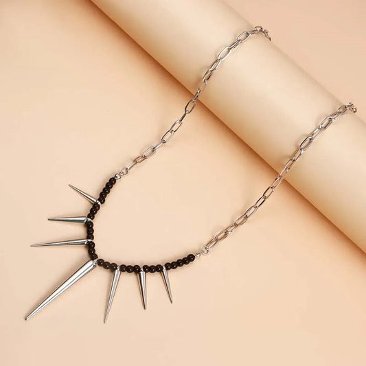 Silver Black Bead & Chain Link Spiked Necklace-Mialla Jewelry