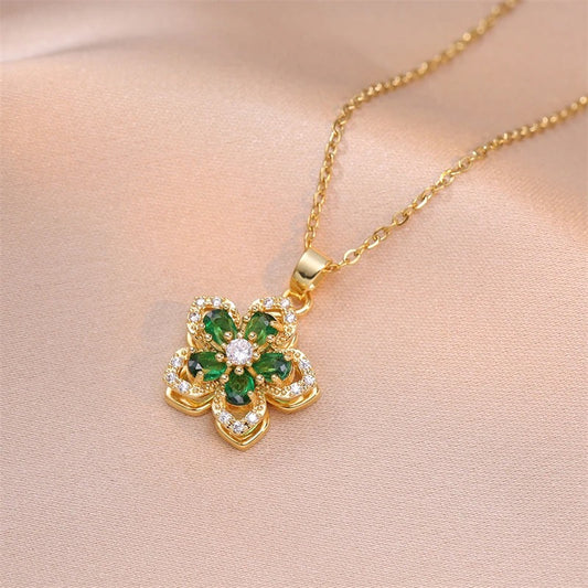 Vintage Gold Green Flower Pendant Necklace-Mialla Jewelry