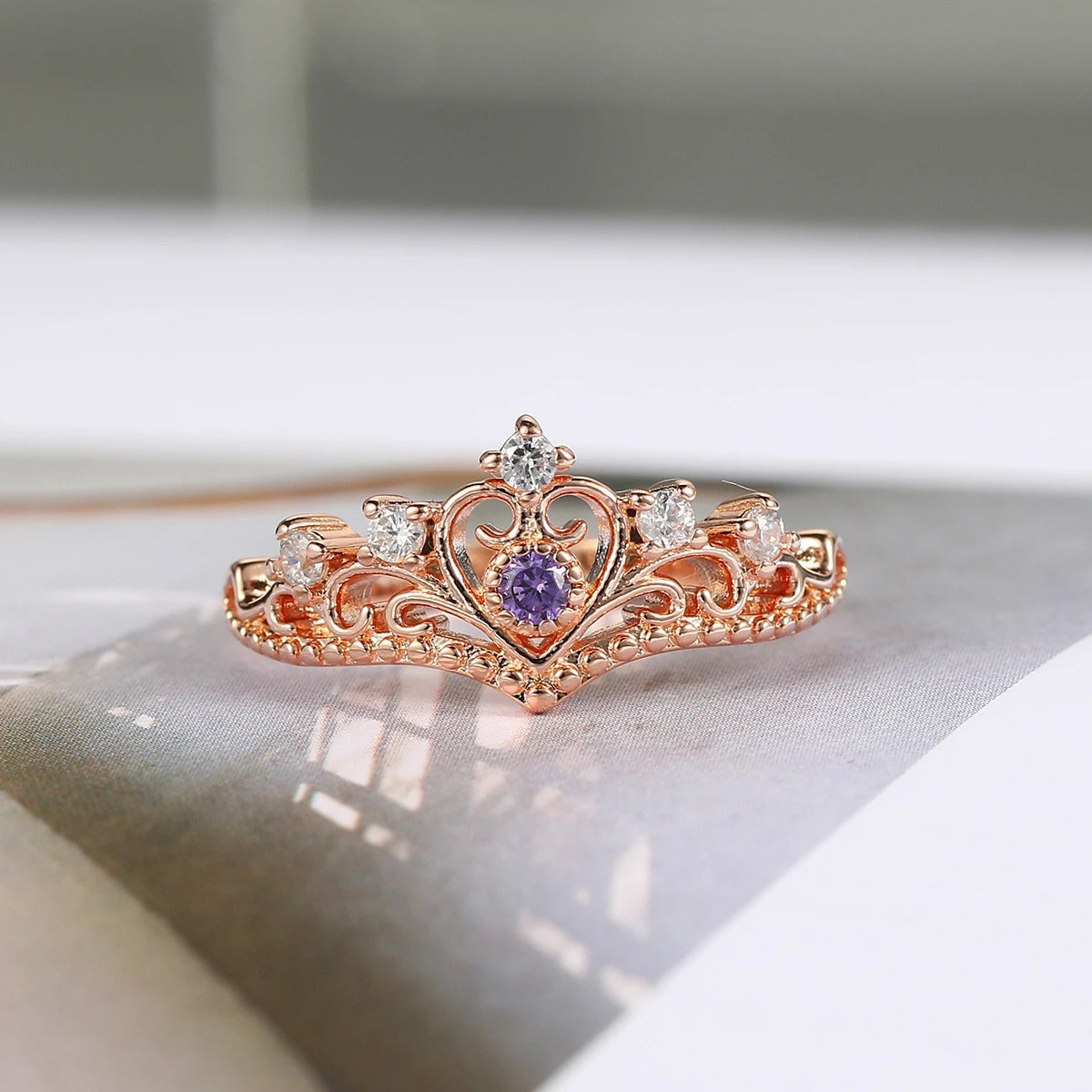 Princess Crown Rose Gold & Purple Crystal Ring-Mialla Jewelry