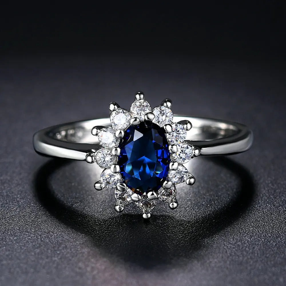 Silver Oval Blue Center Gemstone Halo Ring-Mialla Jewelry