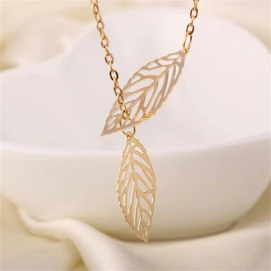 Gold Hollow Leaf Pendant Necklace-Mialla Jewelry