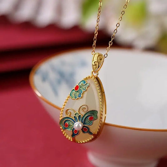 Classic Gold Butterfly & Floral Vintage Pearl Design Necklace-Mialla Jewelry