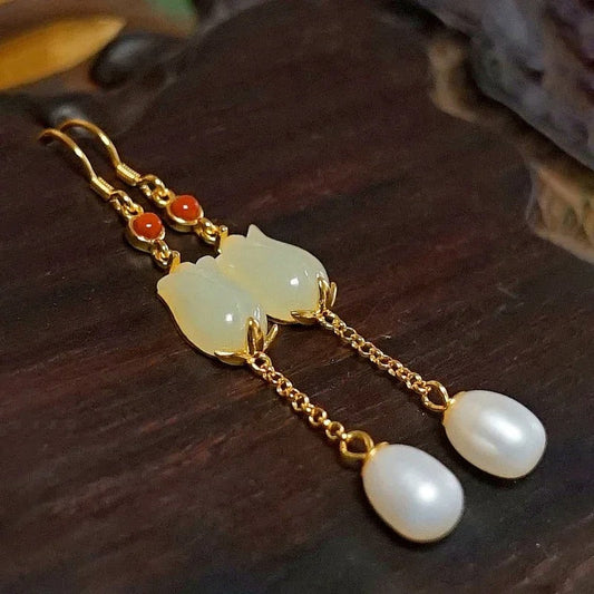 Classic Gold & Ivory Chain Jade Flower Pearl Earrings-Mialla Jewelry