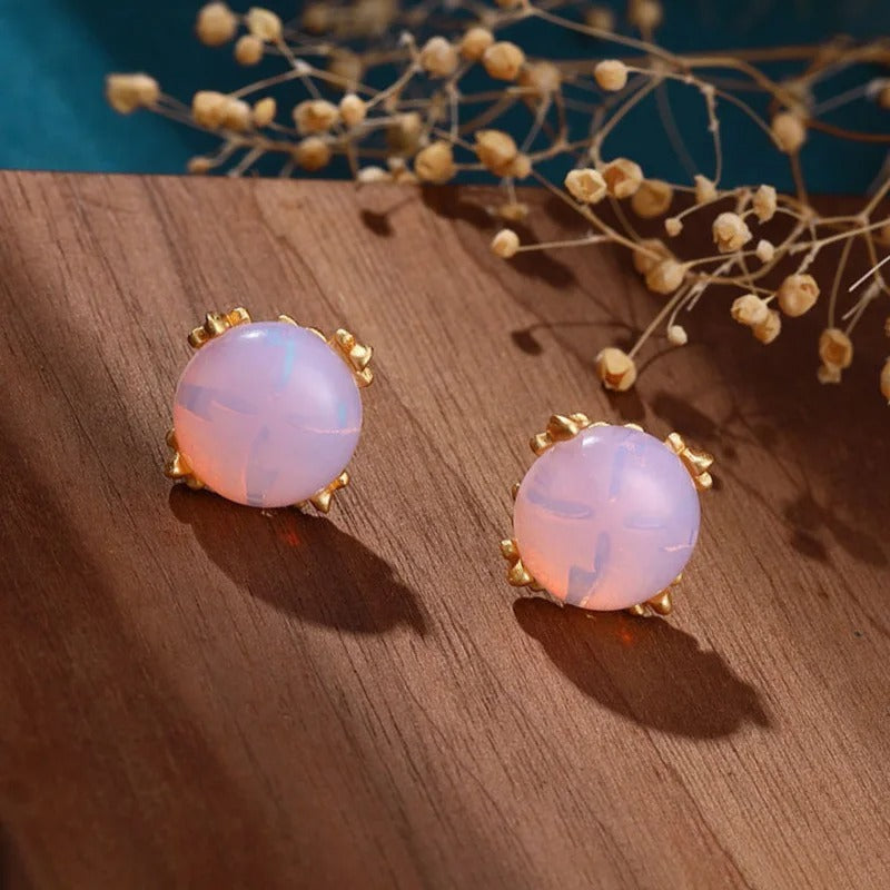 Classic Gold Pink Opal Stone & Delicate Floral Design Earrings-Mialla Jewelry