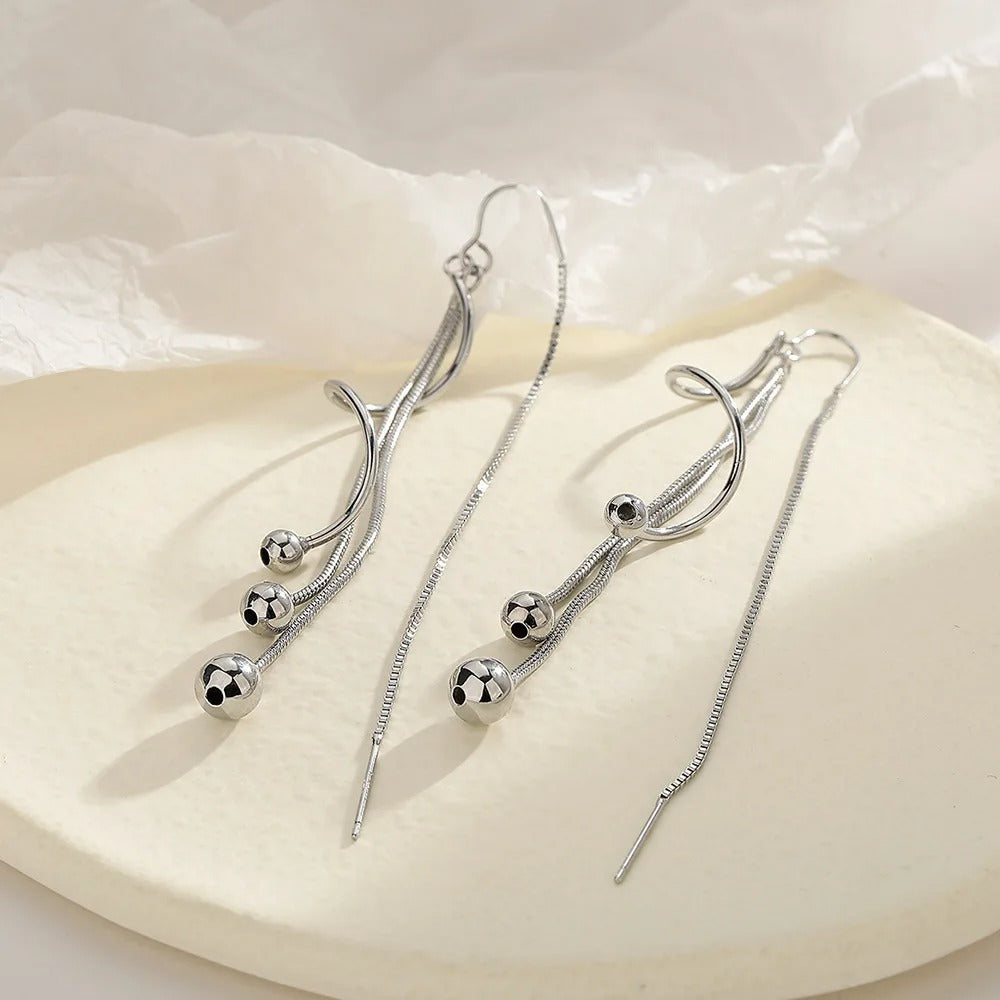 Vintage Silver Ball Long Drop Earrings-Mialla Jewelry