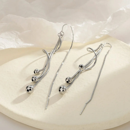 Vintage Silver Ball Long Drop Earrings-Mialla Jewelry