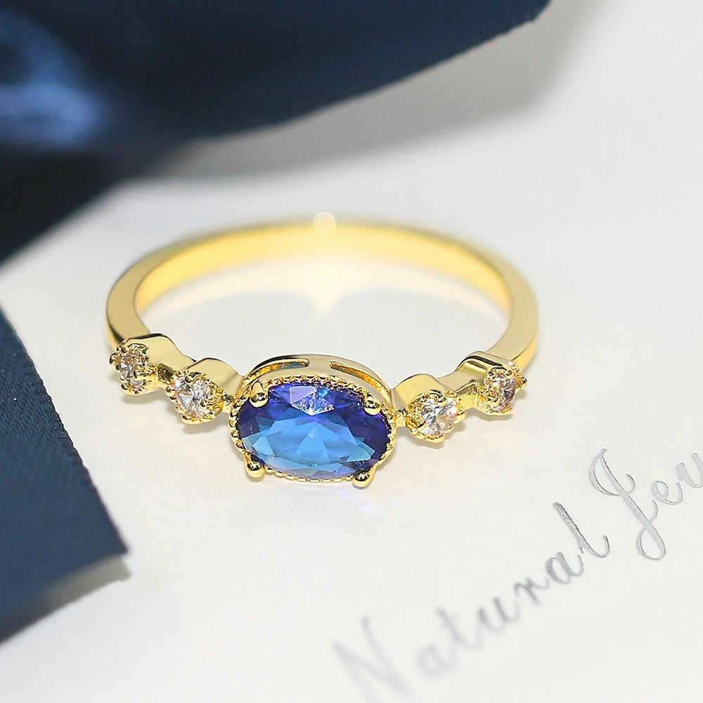 Vintage Gold Blue Oval Crystal Ring-Mialla Jewelry