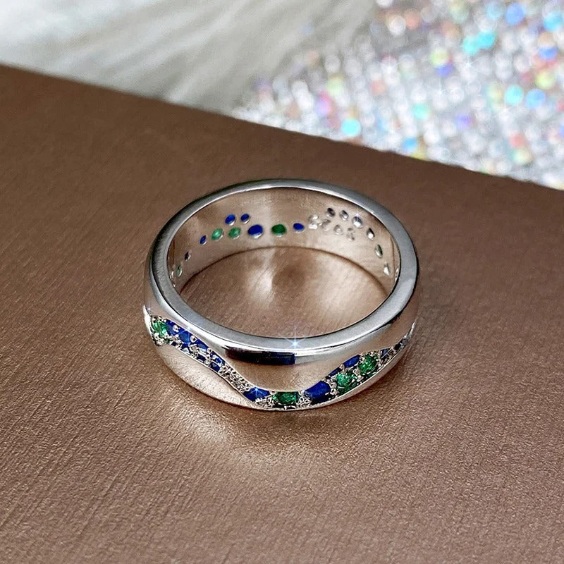 Vintage Silver Blue & Green Stone Wave Ring-Mialla Jewelry
