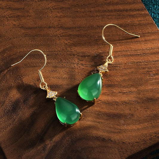 Timeless Green & Vintage Gold Twist Design Teardrop Earrings-Mialla Jewelry