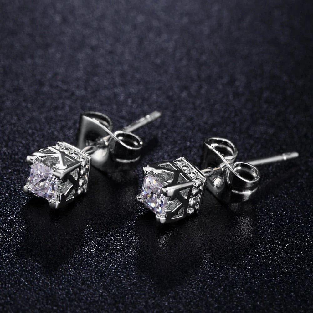 Timeless Silver Square Crystal & Crown Design Earrings-Mialla Jewelry