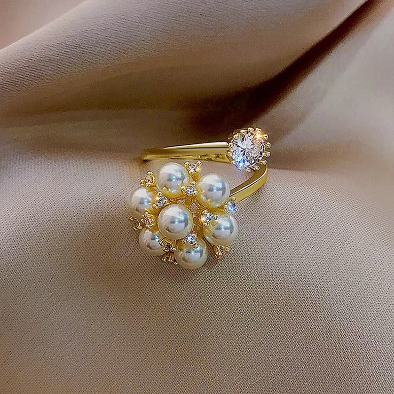 Vintage Pearl & Crystal Flower Adjustable Ring-Mialla Jewelry