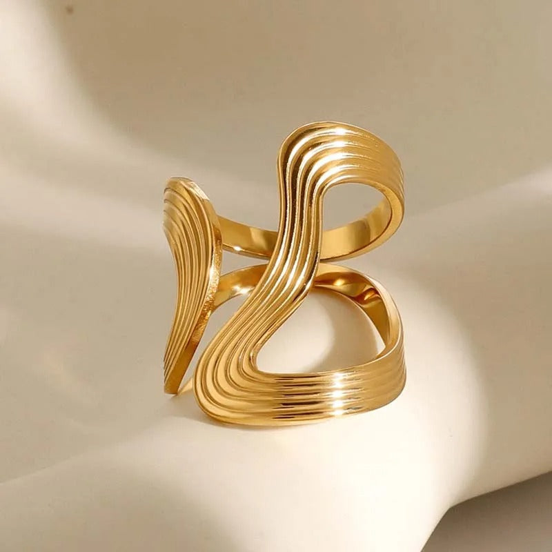 Gold Wavy Design Unique Adjustable Ring-Mialla Jewelry