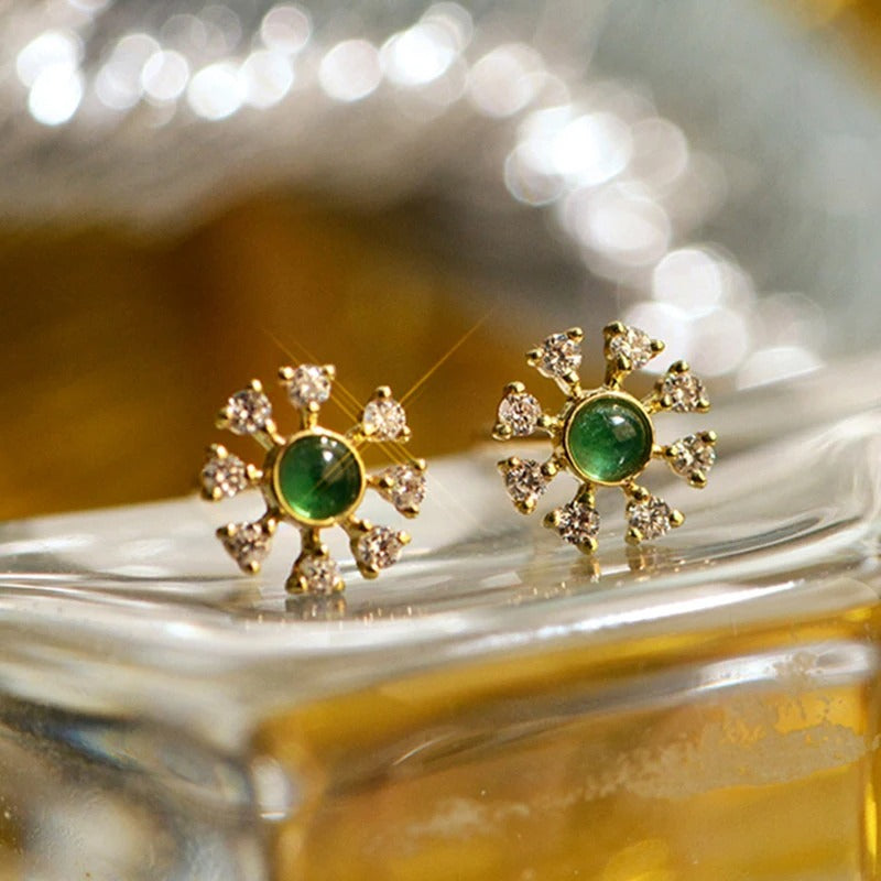 Vintage Gold Green Stone & Crystal Earrings-Mialla Jewelry