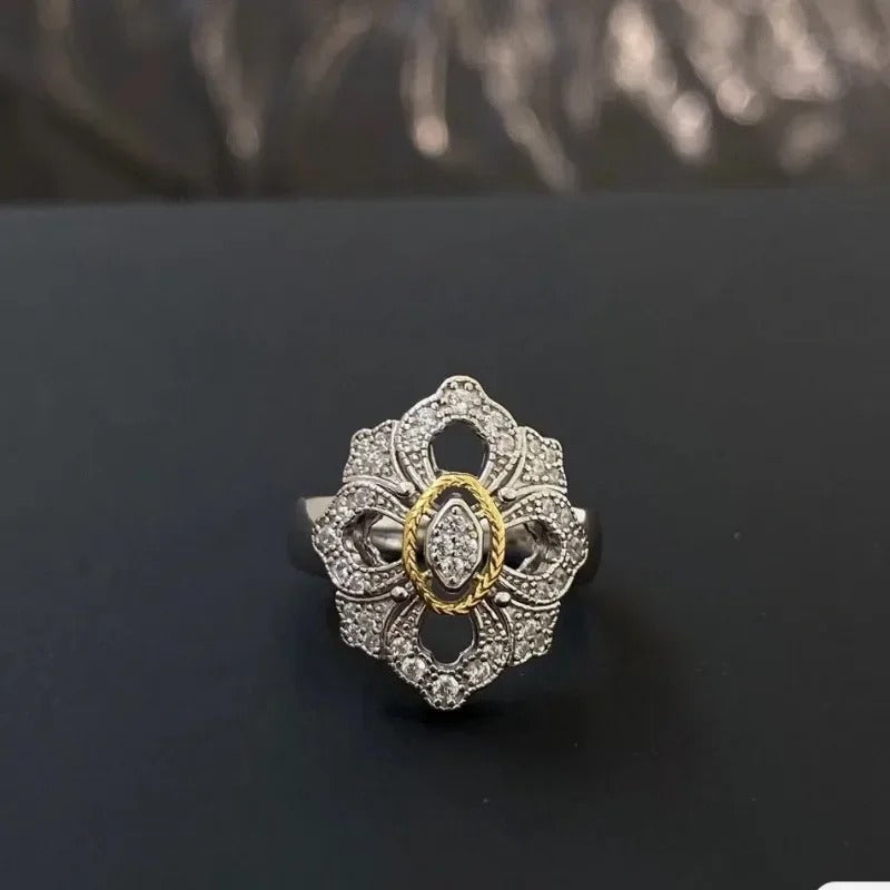 Vintage Gold & Silver Floral Diamond Adjustable Ring-Mialla Jewelry