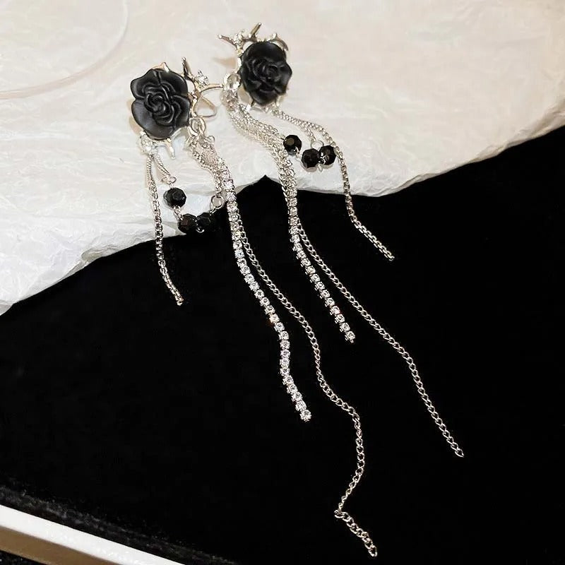Silver Black Rose & Hanging Crystal Chains Earrings-Mialla Jewelry