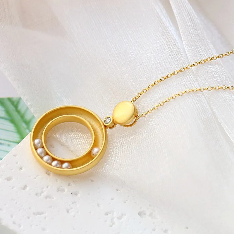 Classic Gold Matte Pearl & Circle Design Pendant Necklace-Mialla Jewelry