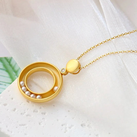 Classic Gold Matte Pearl & Circle Design Pendant Necklace-Mialla Jewelry