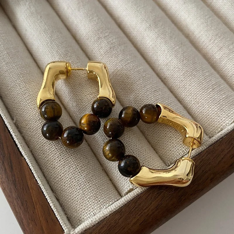 Vintage Gold & Tiger Eye Beaded Hoop Earrings-Mialla Jewelry