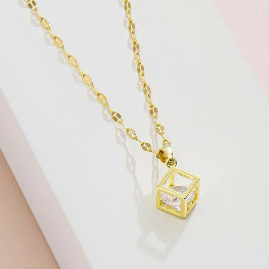 Vintage Gold Crystal-Clear Cube Pendant Necklace-Mialla Jewelry