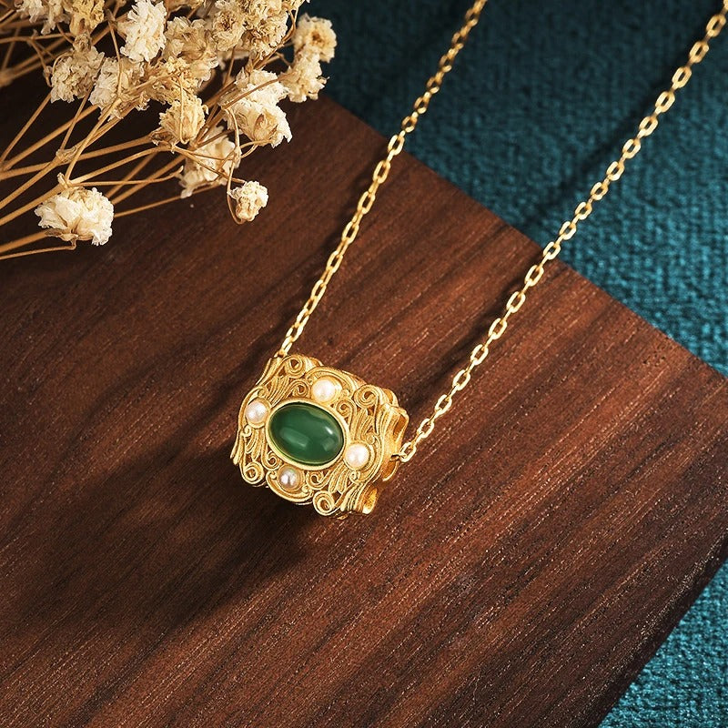 Vintage Gold Green Gem & Pearl Square Pendant Necklace-Mialla Jewelry