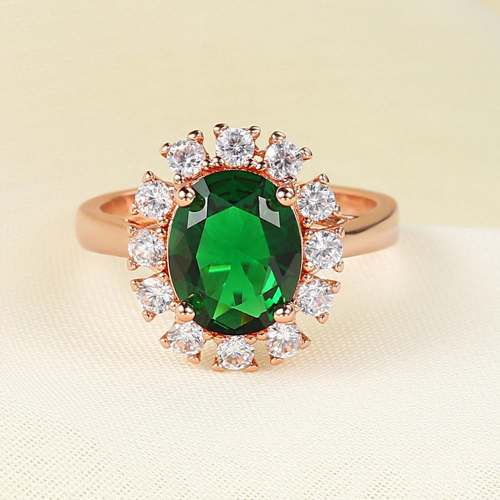 Classic Rose Gold Oval Green Stone & Brilliant Paved Halo Ring-Mialla Jewelry