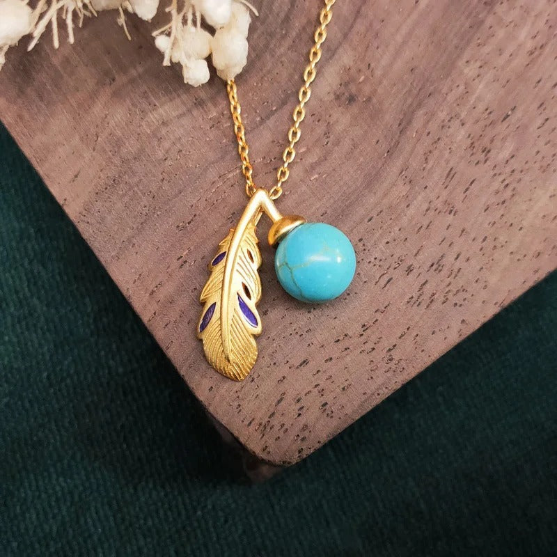 Vintage Gold Turquoise Bead Feather Pendant Necklace-Mialla Jewelry
