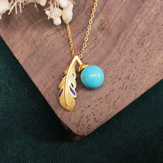 Vintage Gold Turquoise Bead Feather Pendant Necklace-Mialla Jewelry