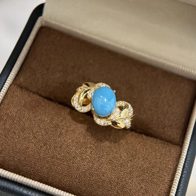 Retro Gold & Blue Stone Leaf Design Ring-Mialla Jewelry