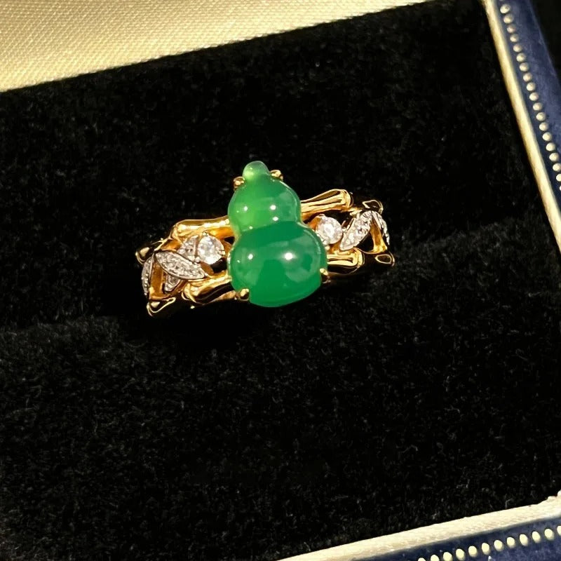 Vintage Green Bamboo Knot Gourd & Diamond Gold Adjustable Ring-Mialla Jewelry