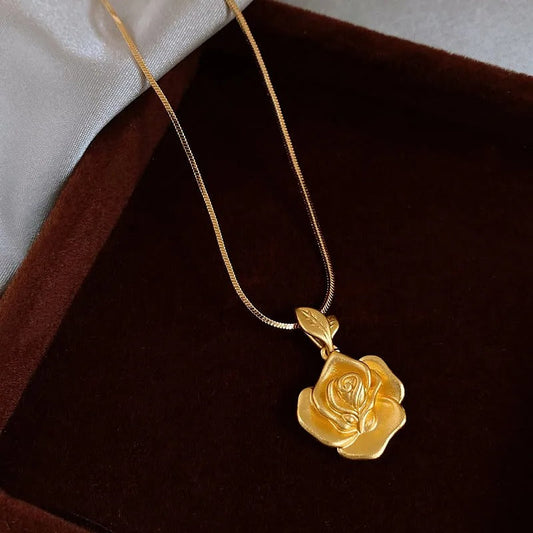Vintage Gold Rose Pendant Necklace-Mialla Jewelry