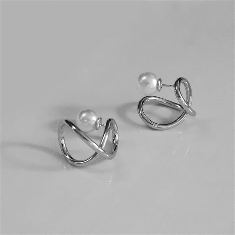 Classic Pearl Twisted Hoop Silver Band Earrings-Mialla Jewelry